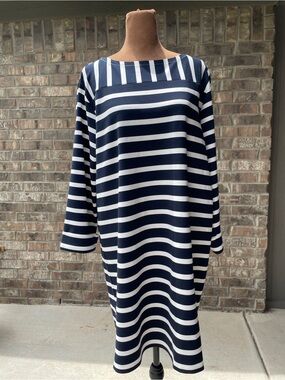 LOFT Navy and White Striped Boatneck Midi Dress